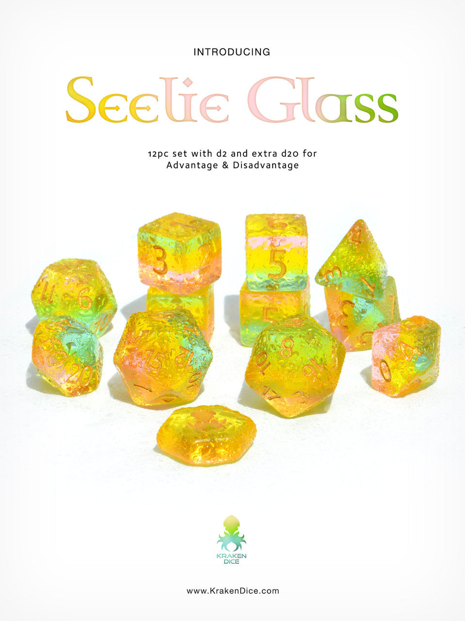 Seelie Glass 12pc Dice Set With Kraken Logo